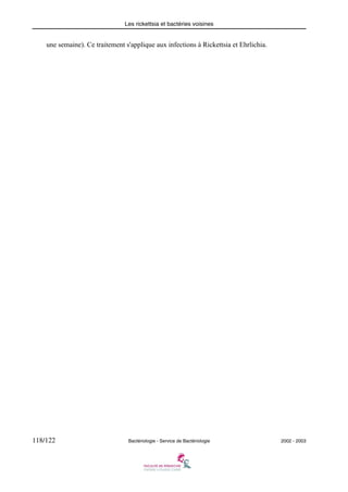 Les rickettsia et bactéries voisines
118/122 Bactériologie - Service de Bactériologie 2002 - 2003
une semaine). Ce traitement s'applique aux infections à Rickettsia et Ehrlichia.
 
