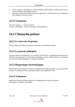 Les chlamydia
2002 - 2003 Bactériologie - Service de Bactériologie 121/122
b. Culture sensible et spécifique sur culture cellulaire (cellules McCoy ou Hela) dont la positi-
vité est révélée par immunofluorescence.
c. Sérologie : micro-immunofluorescente (titre significatif > 64) intéressante pour le diagnostic
de la maladie de Nicolas et Favre.
14.2.5 Traitement
Préventif : hygiène +++ pour le trachome
Ciuratif : antibiotiques : cyclines, macrolides, fluoroquinolones.
14.3 Chlamydia psittaci
14.3.1 Le réservoir de germes
Oiseaux (pigeon, perroquet, perruche) et mammifères. Distribution mondiale.
14.3.2 Le pouvoir pathogène
Après une période d'incubation de 1 à 2 semaines, les Chlamydia se multiplient dans le poumon et
entrainent une pneumonie à la localisation radiologique atypique, fébrile qui peut se compliquer
de myocardite, glomérulonéphrite et méningo-encéphalite.
14.3.3 Diagnostique bactériologique
Surtout indirect, par réaction de fixation du complément, spécifique de genre, ou par immunofluo-
rescence, ou technique ELISA, spécifiques d'espèce (titre significatif > 64).
14.3.4 Traitement
Règlements d'hygiène publique (pigeons) et d'importation des oiseaux d'agrément.
Antibiotiques : cyclines et macrolides.
 