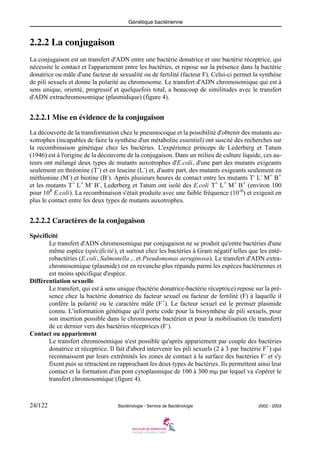 Génétique bactérienne
24/122 Bactériologie - Service de Bactériologie 2002 - 2003
2.2.2 La conjugaison
La conjugaison est un transfert d'ADN entre une bactérie donatrice et une bactérie réceptrice, qui
nécessite le contact et l'appariement entre les bactéries, et repose sur la présence dans la bactérie
donatrice ou mâle d'une facteur de sexualité ou de fertilité (facteur F). Celui-ci permet la synthèse
de pili sexuels et donne la polarité au chromosome. Le transfert d'ADN chromosomique qui est à
sens unique, orienté, progressif et quelquefois total, a beaucoup de similitudes avec le transfert
d'ADN extrachromosomique (plasmidique) (figure 4).
2.2.2.1 Mise en évidence de la conjugaison
La découverte de la transformation chez le pneumocoque et la possibilité d'obtenir des mutants au-
xotrophes (incapables de faire la synthèse d'un métabolite essentiel) ont suscité des recherches sur
la recombinaison génétique chez les bactéries. L'expérience princeps de Lederberg et Tatum
(1946) est à l'origine de la découverte de la conjugaison. Dans un milieu de culture liquide, ces au-
teurs ont mélangé deux types de mutants auxotrophes d'E.coli, d'une part des mutants exigeants
seulement en thréonine (T-
) et en leucine (L-
) et, d'autre part, des mutants exigeants seulement en
méthionine (M-
) et biotine (B-
). Après plusieurs heures de contact entre les mutants T-
L-
M+
B+
et les mutants T+
L+
M-
B-
, Lederberg et Tatum ont isolé des E.coli T+
L+
M+
B+
(environ 100
pour 108
E.coli). La recombinaison s'était produite avec une faible fréquence (10-6
) et exigeait en
plus le contact entre les deux types de mutants auxotrophes.
2.2.2.2 Caractères de la conjugaison
Spécificité
Le transfert d'ADN chromosomique par conjugaison ne se produit qu'entre bactéries d'une
même espèce (spécificité), et surtout chez les bactéries à Gram négatif telles que les enté-
robactéries (E.coli, Salmonella... et Pseudomonas aeruginosa). Le transfert d'ADN extra-
chromosomique (plasmide) est en revanche plus répandu parmi les espèces bactériennes et
est moins spécifique d'espèce.
Différentiation sexuelle
Le transfert, qui est à sens unique (bactérie donatrice-bactérie réceptrice) repose sur la pré-
sence chez la bactérie donatrice du facteur sexuel ou facteur de fertilité (F) à laquelle il
confère la polarité ou le caractère mâle (F+). Le facteur sexuel est le premier plasmide
connu. L'information génétique qu'il porte code pour la biosynthèse de pili sexuels, pour
son insertion possible dans le chromosome bactérien et pour la mobilisation (le transfert)
de ce dernier vers des bactéries réceptrices (F-).
Contact ou appariement
Le transfert chromosomique n'est possible qu'après appariement par couple des bactéries
donatrice et réceptrice. Il fait d'abord intervenir les pili sexuels (2 à 3 par bactérie F+) qui
reconnaissent par leurs extrêmités les zones de contact à la surface des bactéries F- et s'y
fixent puis se rétractent en rapprochant les deux types de bactéries. Ils permettent ainsi leur
contact et la formation d'un pont cytoplasmique de 100 à 300 mμ par lequel va s'opérer le
transfert chromosomique (figure 4).
 