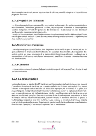 Génétique bactérienne
2002 - 2003 Bactériologie - Service de Bactériologie 27/122
tion de ces gènes se traduit par une augmentation de taille du plasmide récepteur et l'acquisition de
propriétés nouvelles.
2.2.4.2 Propriétés des transposons
Les déterminants génétiques transposables peuvent être la résistance à des antibiotiques très divers
(bêta-lactamines, aminosides, phénicols, cyclines, érythromycine, sulfamides et triméthoprime).
D'autres marqueurs peuvent être portés par des transposons : la résistance aux sels de métaux
lourds, certains caractères métaboliques, etc...
La majorité des transposons identifiés proviennent des plasmides de bacilles à Gram négatif, mais
certains proviennent de cocci à Gram positif comme le transposon de résistance à l'érythromycine
chez Staphylococcus aureus.
2.2.4.3 Structure des transposons
Le transposon (figure 5) est constitué d'un fragment d'ADN limité de part et d'autre par des sé-
quences répétitives inversées (IR) appartenant à des séquences d'insertion (IS). Les séquences d'in-
sertion portent les gènes nécessaires à la transposition (transposase, éléments régulateurs de la
transposition) et le fragment central porte les marqueurs spécifiques (exemple : gènes de résistance
aux antibiotiques).
2.2.4.4 Conclusion
Le transposition est un mécanisme d'adaptation génétique particulièrement efficace des bactéries à
leur environnement.
2.2.5 La transduction
La transduction est le tranfert d'ADN bactérien par l'intermédiaire de bactériophages (ou phages).
Ceux-ci sont des virus de bactéries, qui existent sous la forme virulente ou tempérée. Les phages
virulents se multiplient dans la bactérie (ou mieux sont répliqués par la bactérie) et la lysent. Les
phages tempérés s'intègrent dans le chromosome bactérien sans induire la réplication et sont répli-
qués en même temps que lui. Le bactériophage est alors appelé prophage et la bactérie qui en est
porteuse, une bactérie lysogène. Dans une population de bactéries lysogènes, un prophage se libère
de temps à autre du chromosome bactérien, devient virulent, se multiplie, provoque la lyse de la
bactérie et peut infecter de nouvelles bactéries. Si, au cours de sa libération, le prophage emporte
avec lui plusieurs gènes bactériens, il peut y avoir transfert par le bactériophage de gènes bactériens
d'une bactérie (lysogène) à une autre (lysogène). C'est la transduction.
 