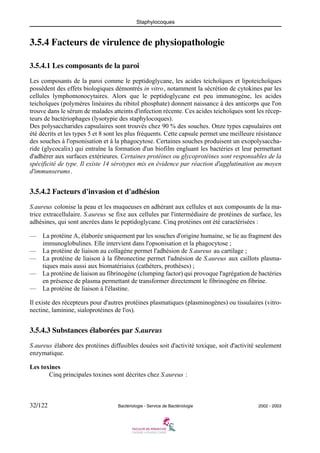 Staphylocoques
32/122 Bactériologie - Service de Bactériologie 2002 - 2003
3.5.4 Facteurs de virulence de physiopathologie
3.5.4.1 Les composants de la paroi
Les composants de la paroi comme le peptidoglycane, les acides teichoïques et lipoteichoïques
possèdent des effets biologiques démontrés in vitro, notamment la sécrétion de cytokines par les
cellules lymphomonocytaires. Alors que le peptidoglycane est peu immunogène, les acides
teichoïques (polymères linéaires du ribitol phosphate) donnent naissance à des anticorps que l'on
trouve dans le sérum de malades atteints d'infection récente. Ces acides teichoïques sont les récep-
teurs de bactériophages (lysotypie des staphylocoques).
Des polysaccharides capsulaires sont trouvés chez 90 % des souches. Onze types capsulaires ont
été décrits et les types 5 et 8 sont les plus fréquents. Cette capsule permet une meilleure résistance
des souches à l'opsonisation et à la phagocytose. Certaines souches produisent un exopolysaccha-
ride (glycocalix) qui entraîne la formation d'un biofilm engluant les bactéries et leur permettant
d'adhérer aux surfaces extérieures. Certaines protéines ou glycoprotéines sont responsables de la
spécificité de type. Il existe 14 sérotypes mis en évidence par réaction d'agglutination au moyen
d'immunserums.
3.5.4.2 Facteurs d'invasion et d'adhésion
S.aureus colonise la peau et les muqueuses en adhérant aux cellules et aux composants de la ma-
trice extracellulaire. S.aureus se fixe aux cellules par l'intermédiaire de protéines de surface, les
adhésines, qui sont ancrées dans le peptidoglycane. Cinq protéines ont été caractérisées :
— La protéine A, élaborée uniquement par les souches d'origine humaine, se lie au fragment des
immunoglobulines. Elle intervient dans l'opsonisation et la phagocytose ;
— La protéine de liaison au collagène permet l'adhésion de S.aureus au cartilage ;
— La protéine de liaison à la fibronectine permet l'adnésion de S.aureus aux caillots plasma-
tiques mais aussi aux biomatériaiux (cathéters, prothèses) ;
— La protéine de liaison au fibrinogène (clumping factor) qui provoque l'agrégation de bactéries
en présence de plasma permettant de transformer directement le fibrinogène en fibrine.
— La protéine de liaison à l'élastine.
Il existe des récepteurs pour d'autres protéines plasmatiques (plasminogènes) ou tissulaires (vitro-
nectine, laminine, sialoprotéines de l'os).
3.5.4.3 Substances élaborées par S.aureus
S.aureus élabore des protéines diffusibles douées soit d'activité toxique, soit d'activité seulement
enzymatique.
Les toxines
Cinq principales toxines sont décrites chez S.aureus :
 