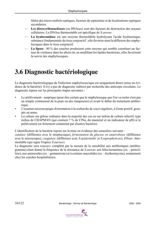 Staphylocoques
34/122 Bactériologie - Service de Bactériologie 2002 - 2003
libère des micro-embols septiques, facteurs de septicémie et de localisations septiques
secondaires.
— Les désoxyribonucléases (ou DNAses) sont des facteurs de destruction des noyaux
cellulaires. La DNAse thermostable est spécifique de S.aureus.
— La hyaluronidase est une enzyme thermolabile hydrolysant l'acide hyaluronique,
substance fondamentale du tissu conjonctif : elle favorise ainsi la diffusion des staphy-
locoques dans le tissu conjonctif.
— La lipase : 80 % des souches produisent cette enzyme qui semble constituer un fac-
teur de virulence dans les abcès où, en modifiant les lipides bactériens, elles favorisent
la survie des staphylocoques.
3.6 Diagnostic bactériologique
Le diagnostic bactériologique de l'infection staphylococcique est uniquement direct (mise en évi-
dence de la bactérie). Il n'y a pas de diagnostic indirect par recherche des anticorps circulants. Le
diagnostic repose sur les principales étapes suivantes :
• Le prélèvement : aseptique (pour être certain que le staphylocoque que l'on va isoler n'est pas
un simple commensal de la peau ou des muqueuses) et avant le début du traitement antibio-
tique.
• L'examen microscopique d'orientation à la recherche de cocci réguliers, à Gram positif, grou-
pés en amas.
• La culture sur gélose ordinaire dans la majorité des cas ou sur milieu de culture sélectif, type
milieu de CHAPMAN (qui contient 7 % de ClNa, du mannitol et un indicateur de pH) si le
prélèvement est fortement contaminé par d'autres bactéries.
L'identification de la bactérie repose sur la mise en évidence des caractères suivants :
catalase (différence avec le streptocoque), fermentation du glucose en anaérobiose (différence
avec le microcoque), coagulase (différence avec S.epidermidis et S.saprophyticus), DNase. ther-
mostable (qui signe l'espèce S.aureus).
Le diagnostic sera toujours complété par la mesure de la sensibilité aux antibiotiques (antibio-
gramme) étant donné la fréquence de la résistance de S.aureus aux bêta-lactamines (ex. : pénicil-
line), aux aminosides (ex. : gentamicine) et à certains macrolides (ex. : érythromycine), notamment
chez les souches hospitaliières).
 