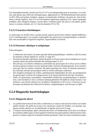 Les neisseria
52/122 Bactériologie - Service de Bactériologie 2002 - 2003
Une atmosphère humide, enrichie de CO2 (5-10 %) est indispensable pour la croissance. Les colo-
nies, plus petites que celles des méningocoques, apparaissent en 18h habituellement mais parfois
en 48 h. Elles sont petites, bombées, opaques ou translucides, brillantes, de moins de 1mm de dia-
mètre, à bords réguliers, nets (T1) ou d'un diamètre légèrement supérieur (T2). Après repiquages
multiples, elles changent d'aspect, cessent d'être virulentes (perte des pili) et sont plates, granu-
leuses, à contours crénelés, de 2 à 3 mm de diamètre (T3 et T4).
5.2.3.3 Caractères biochimiques
Le gonocoque est aérobie strict, oxydase positif, glucose positif mais maltose négatif (différence
avec le méningocoque). Les souches responsables des gonococcies asymptomatiques et dissémi-
nées sont auxotrophes à l'égard de l'arginine, l'hypoxanthine et l'uracile.
5.2.3.4 Structure chimique et antigènique
Il faut distinguer :
— L'endotoxine de la paroi, de nature glucido-lipido-polypeptidique, similaire à celle de toutes
les bactéries à Gram négatif (cf. section 5.1 page 47).
— Des polysaccharides capsulaires à partir desquels on n'a pas encore réussi à préparer un vaccin
comme à partir des polysaccharides des méningocoques A et C.
— Des pili qui, avec d'autres substances, permettent aux gonocoques de se fixer sur les cellules
du tractus génito-urinaire et sur les spermatozoïdes. Facteurs de pathogénicité, ils ne sont pré-
sents que chez les souches virulentes. De nature protéique très variée, ils donnent naissance à
des anticorps anti-pili qui protègent contre la souche autologue seulement.
— Des antigènes protéiques de surface, génétiquement indépendants des pili, qui protègeraient
les gonocoques virulents de la phagocyctose et de l'action bactéricide des IgA sécrétoires.
— Enfin, les gonocoques auxotrophes, responsables d'infections asymptomatiques et dissémi-
nées, sont résistants in vitro à certaines immunoglobulines M (IgM) de sérum humain. Leur
présence a une étroite relation avec un déficit à métaboliser le fer in situ. A l'inverse, les go-
nocoques qui donnent des infections localisées, symptômatiques, sont tués par ces IgM.
5.2.4 Diagnostic bactériologique
5.2.4.1 Diagnoctic direct
a. Les prélèvements doivent être faits au laboratoire, le matin avant émission d'urine ou toilette
génito-urinaire. On prélèvera le pus et les sécrétions à partir de l'urèthre, col, prostate, mu-
queuse rectale, pharynx et, éventuellement, le liquide synovial et le sang.
b. L'examen microscopique, après coloration de Gram, est fondamental car la mise en évidence
de nombreux diplocoques à Gram négatif à l'intérieur des polynucléaires altérés permet le dia-
gnostic à la phase aiguë de la maladie (urétrite purulente). Dans les autres localisations (pha-
 