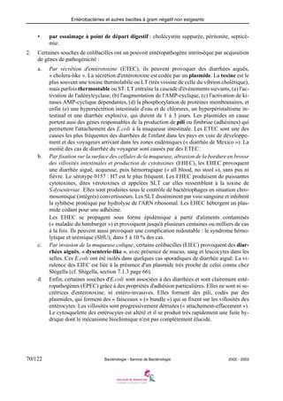 Entérobactéries et autres bacilles à gram négatif non exigeants
70/122 Bactériologie - Service de Bactériologie 2002 - 2003
• par essaimage à point de départ digestif : cholécystite suppurée, péritonite, septicé-
mie.
2. Certaines souches de colibacilles ont un pouvoir entéropathogène intrinsèque par acquisition
de gènes de pathogénicité :
a. Par sécrétion d'entérotoxine (ETEC), ils peuvent provoquer des diarrhées aiguës,
« cholera-like ». La sécrétion d'entérotoxine est codée par un plasmide. La toxine est le
plus souvent une toxine thermolabile ou LT (très voisine de celle du vibrion cholérique),
mais parfois thermostable ou ST. LT entraîne la cascade d'événements suivants, (a) l'ac-
tivation de l'adénylcyclase, (b) l'augmentation de l'AMP-cyclique, (c) l'activation de ki-
nases AMP-cyclique dépendantes, (d) la phosphorylation de protéines membranaires, et
enfin (e) une hypersécrétion intestinale d'eau et de chlorures, un hyperpéristaltisme in-
testinal et une diarrhée explosive, qui durent de 1 à 3 jours. Les plasmides en cause
portent ausi des gènes responsables de la production de pili ou fimbriae (adhésines) qui
permettent l'attachement des E.coli à la muqueuse intestinale. Les ETEC sont une des
causes les plus fréquentes des diarrhées de l'enfant dans les pays en voie de développe-
ment et des voyageurs arrivant dans les zones endémiques (« diarrhée de Mexico »). La
moitié des cas de diarrhée du voyageur sont causés par des ETEC.
b. Par fixation sur la surface des cellules de la muqueuse, abrasion de la bordure en brosse
des villosités intestinales et production de cytotoxines (EHEC), les EHEC provoquent
une diarrhée aiguë, acqueuse, puis hémorragique (« all blood, no stool »), sans pus ni
fièvre. Le sérotype 0157 : H7 est le plus fréquent. Les EHEC produisent de puissantes
cytotoxines, dites vérotoxines et appelées SLT car elles ressemblent à la toxine de
S.dysenteriae. Elles sont produites sous le contrôle de bactériophages en situation chro-
mosomique (intégrés) convertisseurs. Les SLT disséminent par voie sanguine et inhibent
la syhthèse protéique par hydrolyse de l'ARN ribosomal. Les EHEC hébergent un plas-
mide codant pour une adhésine.
Les EHEC se propagent sous forme épidémique à partir d'aliments contaminés
(« maladie du hamburger ») et provoquent jusqu'à plusieurs centaines ou milliers de cas
à la fois. Ils peuvent aussi provoquer une complication redoutable : le syndrome hémo-
lytique et urémique (SHU), dans 5 à 10 % des cas.
c. Par invasion de la muqueuse colique, certains colibacilles (EIEC) provoquent des diar-
rhées aiguës, « dysenterie-like », avec présence de mucus, sang et leucocytes dans les
selles. Ces E.coli ont été isolés dans quelques cas sporadiques de diarrhée aiguë. La vi-
rulence des EIEC est liée à la présence d'un plasmide très proche de celui connu chez
Shigella (cf. Shigella, section 7.1.3 page 66).
d. Enfin, certaines souches d'E.coli sont associées à des diarrhées et sont clairement enté-
ropathogènes (EPEC) grâce à des propriétés d'adhésion particulières. Elles ne sont ni se-
crétrices d'entérotoxine, ni entéro-invasives. Elles forment des pili, codés par des
plasmides, qui forment des « faisceaux » (« bundle ») qui se fixent sur les villosités des
entérocytes. Les villosités sont progressivement détruites (« attachement-effacement »).
Le cytosquelette des entérocytes est altéré et il se produit très rapidement une fuite hy-
drique dont le mécanisme biochimique n'est pas complètement élucidé.
 