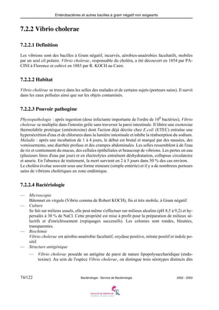 Entérobactéries et autres bacilles à gram négatif non exigeants
74/122 Bactériologie - Service de Bactériologie 2002 - 2003
7.2.2 Vibrio cholerae
7.2.2.1 Definition
Les vibrions sont des bacilles à Gram négatif, incurvés, aérobies-anaérobies facultatifs, mobiles
par un seul cil polaire. Vibrio cholerae, responsable du choléra, a été découvert en 1854 par PA-
CINI à Florence et cultivé en 1883 par R. KOCH au Caire.
7.2.2.2 Habitat
Vibrio cholérae se trouve dans les selles des malades et de certains sujets (porteurs sains). Il survit
dans les eaux polluées ainsi que sur les objets contaminés.
7.2.2.3 Pouvoir pathogène
Physiopathologie : après ingestion (dose infectante importante de l'ordre de 108
bactéries), Vibrio
cholerae se multiplie dans l'intestin grèle sans traverser la paroi intestinale. Il libère une exotoxine
thermolabile protéique (entérotoxine) dont l'action déjà décrite chez E.coli (ETEC) entraîne une
hypersécrétion d'eau et de chlorures dans la lumière intestinale et inhibe la réabsorption du sodium.
Maladie : après une incubation de 1 à 4 jours, le début est brutal et marqué par des nausées, des
vomissements, une diarrhée profuse et des crampes abdominales. Les selles ressemblent à de l'eau
de riz et contiennent du mucus, des cellules épithéliales et beaucoup de vibrions. Les pertes en eau
(plusieurs litres d'eau par jour) et en électrolytes entraînent déshydratation, collapsus circulatoire
et anurie. En l'absence de traitement, la mort survient en 2 à 5 jours dans 50 % des cas environ.
Le choléra évolue souvent sous une forme mineure (simple entérite) et il y a de nombreux porteurs
sains de vibrions cholériques en zone endémique.
7.2.2.4 Bactériologie
— Microscopie
Bâtonnet en virgule (Vibrio comma de Robert KOCH), fin et très mobile, à Gram négatif.
— Culture
Se fait sur milieux usuels, elle peut même s'effectuer sur milieux alcalins (pH 8,5 à 9,2) et hy-
persalés à 30 % de NaCl. Cette propriété est mise à profit pour la préparation de milieux sé-
lectifs et d'enrichissement (repiquages successifs). Les colonies sont rondes, bleutées,
transparentes.
— Biochimie
Vibrio cholerae est aérobie-anaérobie facultatif, oxydase positive, nitrate positif et indole po-
sitif.
— Structure antigénique
— Vibrio cholerae possède un antigène de paroi de nature lipopolysaccharidique (endo-
toxine). Au sein de l'espèce Vibrio cholerae, on distingue trois sérotypes distincts dits
 