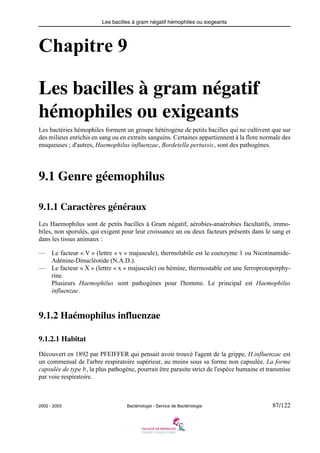 Les bacilles à gram négatif hémophiles ou exigeants
2002 - 2003 Bactériologie - Service de Bactériologie 87/122
Chapitre 9
Les bacilles à gram négatif
hémophiles ou exigeants
Les bactéries hémophiles forment un groupe hétérogène de petits bacilles qui ne cultivent que sur
des milieux enrichis en sang ou en extraits sanguins. Certaines appartiennent à la flore normale des
muqueuses ; d'autres, Haemophilus influenzae, Bordetella pertussis, sont des pathogènes.
9.1 Genre géemophilus
9.1.1 Caractères généraux
Les Haemophilus sont de petits bacilles à Gram négatif, aérobies-anaérobies facultatifs, immo-
biles, non sporulés, qui exigent pour leur croissance un ou deux facteurs présents dans le sang et
dans les tissus animaux :
— Le facteur « V » (lettre « v » majuscule), thermolabile est le coenzyme 1 ou Nicotinamide-
Adénine-Dinucléotide (N.A.D.).
— Le facteur « X » (lettre « x » majuscule) ou hémine, thermostable est une ferroprotoporphy-
rine.
Plusieurs Haemophilus sont pathogènes pour l'homme. Le principal est Haemophilus
influenzae.
9.1.2 Haémophilus influenzae
9.1.2.1 Habitat
Découvert en 1892 par PFEIFFER qui pensait avoir trouvé l'agent de la grippe, H.influenzae est
un commensal de l'arbre respiratoire supérieur, au moins sous sa forme non capsulée. La forme
capsulée de type b, la plus pathogène, pourrait être parasite strict de l'espèce humaine et transmise
par voie respiratoire.
 