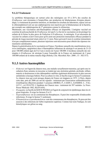 Les bacilles à gram négatif hémophiles ou exigeants
2002 - 2003 Bactériologie - Service de Bactériologie 89/122
9.1.2.5 Traitement
Le problème thérapeutique est surtout celui des méningites car 10 à 20 % des souches de
H.influenzae sont résistantes à l'ampicilline, par production de bêtalactamase d'origine plasmi-
dique. Le traitement de première intention, en attendant les résultats du laboratoire, repose soit sur
le chloramphénicol soit sur une céphalosporine non inactivée par la bêtalactamase de la bactérie,
par exemple une céphalosporine de 3e
génération comme le céfotaxime.
Maintenant, une vaccination anti-Haemophilus efficace est disponible. L'antigène vaccinal est
constitué de polysaccharide de H.influenzae de type b. Le but de la vaccination est de protéger les
enfants de la forme la plus grave de l'infection à H.influenzae, la méningite. Il est nécessaire de
vacciner les enfants avant 6 mois pour qu'ils aient une protection immunitaire efficace pendant la
période de risque maximal située entre 6 et 11 mois. Parce qu'avant 6 mois le système immunitaire
n'est pas complétement mature, plusieurs injections sont nécessaires pour obtenir des réponses im-
munitaires satisfaisantes.
Depuis la généralisation de la vaccination en France, l'incidence annuelle des manifestations inva-
sives (méningites, epiglottites) dues à Haemophilus influenzae de sérotype b est passée de 21-25
pour 100.000 enfants âgés de 0 à 4 ans à moins de 4 pour 100.000. L'incidence annuelle des mé-
ningites à H.influenzae de sérotype b pour l'ensemble de la France est maintenant de 2 pour
100.000 enfants de la même tranche d'âge (Peltola, Clin. Microbiol. Rev. 2000 ; 13 : 302-317).
9.1.3 Autres haemophilus
— H.ducreyi est l'agent du chancre mou, une maladie sexuellement transmise, qui après une in-
cubation d'une semaine en moyenne se traduit par une ulcération génitale, profonde, inflam-
matoire et douloureuse et des adénopathies satellites également douloureuses le plus souvent
unilatérales (classique bubon). Pour sa culture in vitro, le bacille exige le facteur X seulement.
Le chancre mou qui avait presque disparu de France est réapparu en 1973. A Paris, depuis
cette date, près de 2000 cas ont été signalés : traitement par l'association sulfaméthoxazole-
triméthoprime (Bactrim) pendant 3 semaines (MOREL P., CASIN I., GANDIOL C., VAL-
LET C., et CIVATTE J. Epidémie de Chancre mou : traitement de 587 malades. La Nouv.
Presse Médicale 1982, 11,655-656).
— H.aegyptus ou bacille de KOCH-WEEKS est l'agent de conjonctivite épidémique dans les ré-
gions tropicales. Il exige les facteurs X et V.
— H.parainfluenzae est un commensal du rhinopharynx. Il peut être responsable d'endocardite
infectieuse. Il exige le facteur V seulement.
— H.haemolyticus et parahaemolyticus sont des commensaux du rhinopharynx. Ils peuvent être
associés à des infections de l'arbre respiratoire supérieur. Comme leur nom l'indique, ils sont
hémolytiques sur gélose au sang.
 