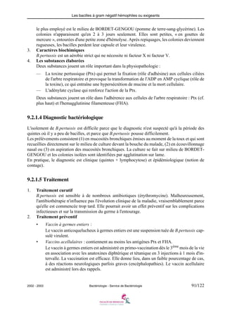 Les bacilles à gram négatif hémophiles ou exigeants
2002 - 2003 Bactériologie - Service de Bactériologie 91/122
le plus employé est le milieu de BORDET-GENGOU (pomme de terre-sang-glycérine). Les
colonies n'apparaissent qu'en 2 à 3 jours seulement. Elles sont petites, « en gouttes de
mercure », entourées d'une petite zone d'hémolyse. Après repiquages, les colonies deviennent
rugueuses, les bacilles perdent leur capsule et leur virulence.
3. Caractères biochimiques
B.pertussis est un aérobie strict qui ne nécessite ni facteur X ni facteur V.
4. Les substances élaborées
Deux substances jouent un rôle important dans la physiopathologie :
— La toxine pertussique (Ptx) qui permet la fixation (rôle d'adhésine) aux cellules ciliées
de l'arbre respiratoire et provoque la transformation de l'ADP en AMP cyclique (rôle de
la toxine), ce qui entraîne une hypersécrétion de mucine et la mort cellulaire.
— L'adénylate cyclase qui renforce l'action de la Ptx.
Deux substances jouent un rôle dans l'adhérence aux cellules de l'arbre respiratoire : Ptx (cf.
plus haut) et l'hemagglutinine filamenteuse (FHA).
9.2.1.4 Diagnostic bactériologique
L'isolement de B.pertussis est difficile parce que le diagnostic n'est suspecté qu'à la période des
quintes où il y a peu de bacilles, et parce que B.pertussis pousse difficilement.
Les prélèvements consistent (1) en mucosités bronchiques émises au moment de la toux et qui sont
recueillies directement sur le milieu de culture devant la bouche du malade, (2) en écouvillonnage
nasal ou (3) en aspiration des mucosités bronchiques. La culture se fait sur milieu de BORDET-
GENGOU et les colonies isolées sont identifiées par agglutination sur lame.
En pratique, le diagnostic est clinique (quintes + lymphocytose) et épidémiologique (notion de
contage).
9.2.1.5 Traitement
1. Traitement curatif
B.pertussis est sensible à de nombreux antibiotiques (érythromycine). Malheureusement,
l'antibiothérapie n'influence pas l'évolution clinique de la maladie, vraisemblablement parce
qu'elle est commencée trop tard. Elle pourrait avoir un effet préventif sur les complications
infectieuses et sur la transmission du germe à l'entourage.
2. Traitement préventif
• Vaccin à germes entiers :
Le vaccin anticoquelucheux à germes entiers est une suspension tuée de B.pertussis cap-
sulé virulent.
• Vaccins acellulaires : contiennent au moins les antigènes Ptx et FHA.
Le vaccin à germes entiers est administré en primo-vaccination dès le 3ème mois de la vie
en association avec les anatoxines diphtérique et tétanique en 3 injections à 1 mois d'in-
tervalle. La vaccination est efficace. Elle donne lieu, dans un faible pourcentage de cas,
à des réactions neurologiques parfois graves (encéphalopathies). Le vaccin acellulaire
est administré lors des rappels.
 