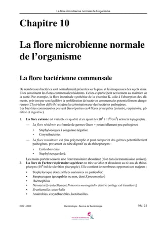 La flore microbienne normale de l’organisme
2002 - 2003 Bactériologie - Service de Bactériologie 95/122
Chapitre 10
La flore microbienne normale
de l’organisme
La flore bactérienne commensale
De nombreuses bactéries sont normalement présentes sur la peau et les muqueuses des sujets sains.
Elles constituent les flores commensale résidentes. Celles-ci participent activement au maintien de
la santé. Par exemple, la flore intestinale synthétise de la vitamine K, aide à l'absorption des ali-
ments, prévient par son équilibre la prolifération de bactéries commensales potentiellement dange-
reuses (Clostridium difficile) et gêne la colonisation par des bactéries pathogènes.
Les bactéries commensales peuvent être réparties en 4 flores principales (cutanée, respiratoire, gé-
nitale et digestive).
1. La flore cutanée est variable en qualité et en quantité (102
à 106
/cm2
) selon la topographie.
— La flore résidente est formée de germes Gram + potentiellement peu pathogènes
• Staphylocoques à coagulase négative
• Corynébactéries
— La flore transitoire est plus polymorphe et peut comporter des germes potentiellement
pathogènes, provenant du tube digestif ou du rhinopharynx :
• Entérobactéries
• Staphylocoque doré.
Les mains portent souvent une flore transitoire abondante (rôle dans la transmission croisée).
2. La flore de l'arbre respiratoire supérieur est très variable et abondante au niveau du rhino-
pharynx (108
/ml de sécrétion pharyngée). Elle contient de nombreux opportunistes majeurs :
• Staphylocoque doré (orifices narinaires en particulier)
• Streptocoques (groupables ou non, dont S.pneumoniae)
• Haemophilus
• Neisseria (éventuellement Neisseria meningitidis dont le portage est transitoire)
• Branhamella catarrhalis
• Anaérobies, corynébactéries, lactobacilles.
 