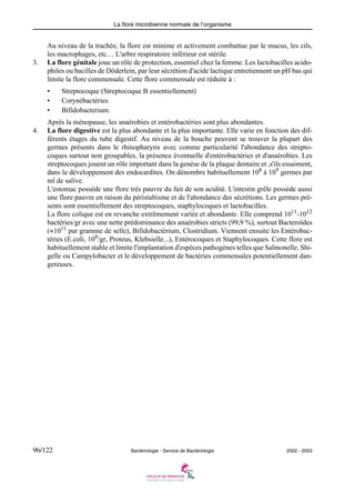 La flore microbienne normale de l’organisme
96/122 Bactériologie - Service de Bactériologie 2002 - 2003
Au niveau de la trachée, la flore est minime et activement combattue par le mucus, les cils,
les macrophages, etc… L'arbre respiratoire inférieur est stérile.
3. La flore génitale joue un rôle de protection, essentiel chez la femme. Les lactobacilles acido-
philes ou bacilles de Döderlein, par leur sécrétion d'acide lactique entretiennent un pH bas qui
limite la flore commensale. Cette flore commensale est réduite à :
• Streptocoque (Streptocoque B essentiellement)
• Corynébactéries
• Bifidobacterium.
Après la ménopause, les anaérobies et entérobactéries sont plus abondantes.
4. La flore digestive est la plus abondante et la plus importante. Elle varie en fonction des dif-
férents étages du tube digestif. Au niveau de la bouche peuvent se trouver la plupart des
germes présents dans le rhinopharynx avec comme particularité l'abondance des strepto-
coques surtout non groupables, la présence éventuelle d'entérobactéries et d'anaérobies. Les
streptocoques jouent un rôle important dans la genèse de la plaque dentaire et ,s'ils essaiment,
dans le développement des endocardites. On dénombre habituellement 108
à 109
germes par
ml de salive.
L'estomac possède une flore très pauvre du fait de son acidité. L'intestin grêle possède aussi
une flore pauvre en raison du péristaltisme et de l'abondance des sécrétions. Les germes pré-
sents sont essentiellement des streptocoques, staphylocoques et lactobacilles.
La flore colique est en revanche extrêmement variée et abondante. Elle comprend 1011
-1012
bactéries/gr avec une nette prédominance des anaérobies stricts (99,9 %), surtout Bacteroïdes
(≈1011
par gramme de selle), Bifidobactérium, Clostridium. Viennent ensuite les Entérobac-
téries (E.coli, 108
/gr, Proteus, Klebsielle...), Entérocoques et Staphylocoques. Cette flore est
habituellement stable et limite l'implantation d'espèces pathogènes telles que Salmonelle, Shi-
gelle ou Campylobacter et le développement de bactéries commensales potentiellement dan-
gereuses.
 