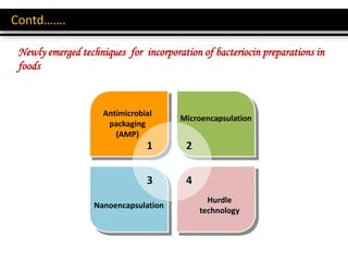 Antimicrobial
packaging
(AMP)
Microencapsulation
Nanoencapsulation
Hurdle
technology
1 2
3 4
Contd…….
Newly emerged techniques for incorporation of bacteriocin preparations in
foods
 