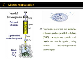 Food-grade polymers like alginate,
chitosan, carboxy methyl cellulose
(CMC), carrageenan, gelatin and
pectin are mostly applied, using
various microencapsulation
technologies
2) Microencapsulation
 