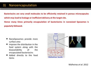 3) Nanoencapsulation
Bacteriocins are very small molecules to be efficiently retained in porous microcapsules
which may lead to leakage or inefficient delivery at the target site.
Hence many times primarily encapsulation of bacteriocins in nanosized liposomes is
popularly followed.
Nanoliposomes provide more
surface area
Improve the distribution in the
food system along with the
bioavailability of the
encapsulated bacteriocins
Added directly to the food
items
Malheiros et al. 2012
 