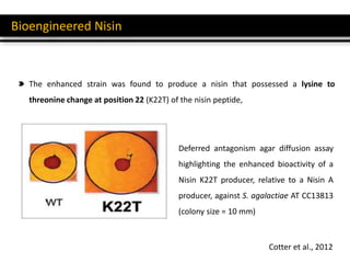 Bioengineered Nisin
Deferred antagonism agar diffusion assay
highlighting the enhanced bioactivity of a
Nisin K22T producer, relative to a Nisin A
producer, against S. agalactiae AT CC13813
(colony size = 10 mm)
Cotter et al., 2012
The enhanced strain was found to produce a nisin that possessed a lysine to
threonine change at position 22 (K22T) of the nisin peptide,
 