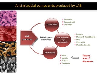 Lactic acid
Propionic acid
Acetic acid
Antimicrobial
substances
LAB
produces
Organic acids
Low molecular
weight
compounds
Bacteriocins
Reuterin
Diacetyl & Acetaldehyde
H2O2
Fatty acids
Phenyl lactic acids
Nisin
Lacticin
Pediocin
Gassericin
Antimicrobial compounds produced by LAB
Today’s
area of
discussion
 