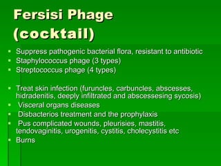 Fersisi Phage (cocktail) Suppress pathogenic bacterial flora, resistant to antibiotic  Staphylococcus phage (3 types)  Streptococcus phage (4 types)  Treat skin infection (furuncles, carbuncles, abscesses, hidradenitis, deeply infiltrated and abscessesing sycosis)  Visceral organs diseases  Disbacterios treatment and the prophylaxis  Pus complicated wounds, pleurisies, mastitis, tendovaginitis, urogenitis, cystitis, cholecystitis etc  Burns  