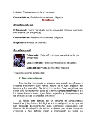 inclusión. También neumonía en lactantes

Características: Parásitos intracelulares obligados.
                             Rickettsias

Rickettsia rickettsi

Enfermedad: Fiebre manchada de las montañas rocosas (zoonosis,
se transmite por artrópodos).

Características: Parásitos intracelulares obligados.

Diagnostico: Prueba de weil-felix


Coxiella burnetti

             Enfermedad: Fiebre Q (zoonosis, no se transmite por
             artrópodos).

             Características: Parásitos intracelulares obligados.

             Diagnostico: Prueba de Weil-felix negativa

Trataremos en mas detalles las:

      Enterobacteriaceae

      Esta familia comprende un número muy variado de géneros y
especies bacterianos cuyo hábitat natural es el tubo digestivo del
hombre y los animales. No todos los bacilos Gram negativos que
tienen este hábitat forman parte de la familia Enterobacteriaceae. Se
los encuentra en el suelo, agua, frutas, vegetales y otras plantas y en
los animales desde los insectos al hombre.

      La familia está definida por un conjunto de características
fenotípicas (bioquímicas, fisiológicas e inmunológicas) a las que se
han agregado posteriormente otros elementos establecidos por
técnicas de hibridización de ácidos nucleicos que miden distancias
evolutivas y han definido mejor la interrelación de todos los
 