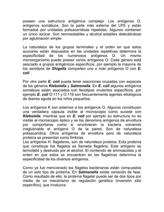 poseen una estructura antigénica compleja. Los antígenos O,
antígenos somáticos. Son la parte más externa del LPS y están
formados por unidades polisacarídicas repetidas. Algunos contienen
un único azúcar. Son termoestables y alcohol estables detectándose
por aglutinación simple.

La naturaleza de los grupos terminales y el orden en que estos
azucares están dispuestos en las unidades repetitivas determina la
especificidad de los numerosos antígenos O. Un mismo
microorganismo puede poseer varios antígenos O. Cada género está
asociado a grupos antigénicos específicos, por ejemplo la mayoría de
los serotipos de Shigella comparten uno o más antígenos O con E.
coli .

Por otra parte E. coli puede tener reacciones cruzadas con especies
de los géneros Klebsiella y Salmonella. En E. coli algunos antígenos
somáticos están asociados con fenotipos virulentos específicos, por
ejemplo E. coli O:111 y O:119 son frecuentemente agentes etiológicos
de diarrea aguda en los niños pequeños.

Los antígenos K son externos a los antígenos O. Algunos constituyen
una verdadera cápsula visible al microscopio como sucede con
Klebsiella, mientras que en E. coli por ejemplo su estructura no es
visible al microscopio óptico y se los denomina antígenos de envoltura
por comportarse como si envolvieran la bacteria volviendo
inaglutinable el antígeno O de la pared. Son de naturaleza
polisacarídica. Otros antígenos de envoltura pero de naturaleza
proteica se presentan como fimbrias.
Los antígenos H, flagelares, son de naturaleza proteica. Esta proteína
que constituye los flagelos es llamada flagelina. Este antígeno es
termolábil y destruido por el alcohol. El contenido de aminoácidos y el
orden en que estos se encuentran en las flagelinas determina la
especificidad de los diversos antígenos.

Como ya fue mencionado los flagelos bacterianos están compuestos
de un solo tipo de proteína. En Salmonella existe variación de fase.
Como resultado de ello, la proteína flagelar puede ser de dos tipos por
medio de un mecanismo de regulación genética (inversión sitio
específico), que involucra:
 