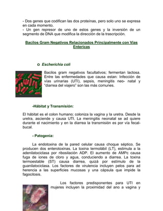 - Dos genes que codifican las dos proteínas, pero solo uno se expresa
en cada momento.
- Un gen represor de uno de estos genes y la inversión de un
segmento de DNA que modifica la dirección de la trascripción.

 Bacilos Gram Negativos Relacionados Principalmente con Vias
                          Entericas



        o   Escherichia coli

             Bacilos gram negativos facultativos; fermentan lactosa.
             Entre las enfermedades que causa estan: Infección de
             vías urinarias (UTI), sepsis, meningitis neo- natal y
             “diarrea del viajero” son las más comunes.




     -Hábitat y Transmisión:

El hábitat es el colon humano; coloniza la vagina y la uretra. Desde la
uretra, asciende y causa UTI. La meningitis neonatal se ad quiere
durante el nacimiento y en la diarrea la transmisión es por vía fecal-
bucal.

     - Patogenia:

      La endotoxina de la pared celular causa choque séptico. Se
producen dos enterotoxinas. La toxina termolábil (LT), estimula a la
adenilatociclasa por ribosilación ADP. El aumento de AMPc causa
fuga de iones de cloro y agua, conduciendo a diarrea. La toxina
termoestable (ST) causa diarrea, quizá por estímulo de la
guanilatociclasa. Los factores de virulencia incluyen pelos para ad
herencia a las superficies mucosas y una cápsula que impide la
fagocitosis.

                     Los factores predisponentes para UTI en
                mujeres incluyen la proximidad del ano a vagina y
 