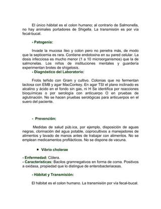 El único hábitat es el colon humano; al contrario de Salmonella,
no hay animales portadores de Shigella. La transmisión es por vía
fecal-bucal.

     - Patogenia:

      Invade la mucosa íleo y colon pero no penetra más, de modo
que la septicemia es rara. Contiene endotoxina en su pared celular. La
dosis infecciosa es mucho menor (1 a 10 microorganismos) que la de
salmonelas. Los niños de instituciones mentales y guardería
experimentan brotes de shigelosis.
      - Diagnóstico del Laboratorio:

       Frotis teñido con Gram y cultivo. Colonias que no fermentan
lactosa con EMB y agar MacConkey. En agar TSI el plano inclinado es
alcalino y ácido en el fondo sin gas, ni H Se identifica por reacciones
bioquímicas o por serología con anticuerpo O en pruebas de
aglutinación. No se hacen pruebas serológicas para anticuerpos en el
suero del paciente.



     - Prevención:

      Medidas de salud púb.ica, por ejemplo, disposición de aguas
negras, clorinación del agua potable, coprocultivos a manejadores de
alimentos y lavado de manos antes de trabajar con alimentos. No se
emplean medicamentos profilácticos. No se dispone de vacuna.

           Vibrio cholerae

- Enfermedad: Cólera.
- Características: Bacilos gramnegativos en forma de coma. Positivos
a oxidasa, propiedad que lo distingue de enterobacteriaceas.

     - Hábitat y Transmisión:

     El hábitat es el colon humano. La transmisión por vía fecal-bucal.
 