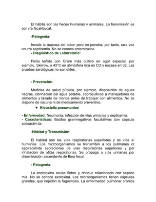El hábíta son las heces humanas y animales. La transmisión es
por vía fecal-bucal.

     -Patogenia:

      Invade la mucosa del colon pero no penetra; por tanto, rara vez
ocurre septicemia. No so conoce enterotoxina.
      - Diagnóstico de Laboratorio:

     Frotis teñido con Gram más cultivo en agar especial, por
ejemplo, Skirrow, a 42°C en atmósfera rica en CO y escasa en 02. Las
pruebas serológicas no son útiles.


     - Prevención:

     Medidas de salud pública, por ejemplo, disposición de aguas
negras, clorinación del agua potable, coprocultivos a manejadores de
alimentos y lavado de manos antes de trabajar con alimentos. No se
dispone de vacuna ni de medicamento preventivo.
         KIebsiella pneumoniae
- Enfermedad: Neumonía, infección de vías urinarias y septicemia.
- Características: Bacilos gramnegativos facultativos con cápsula
polisactiri da

     -Hábitat y Transmisión:

      El habitat son las vías respiratorias superiores y as vías e‟
humanas. Los microorganismos se transmiten a los pulmones or
aspiraciónde secreciones de vías respiratorias superiores y por
inhalación de otitas respiratorias. Se propaga a vías urinarias por
diseminación ascendente de flora fecal.

     - Patogenia:

     La endotoxina causa fiebre y choque relacionado con septice
mia. No se conoce exotoxina. Los microorganismos tienen cápsulas
grandes, que impiden la fagocitosis. La enfermedad pulmonar crónica
 