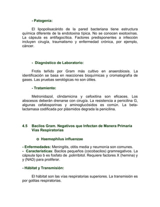 - Patogenia:

      El lipopolisacárido de la pared bacteriana tiene estructura
química diferente de la endotoxina típica. No se conocen exotoxínas.
La cápsula es antifagocítica. Factores predisponentes a infección
incluyen cirugía, traumatismo y enfermedad crónica, por ejemplo,
cáncer.



      - Diagnóstico de Laboratorio:

       Frotis teñido por Gram más cultivo en anaerobiosis. La
identificación se basa en reacciones bioquímicas y cromatografía de
gases. Las pruebas serológicas no son útiles.

      - Tratamiento:

      Metronidazol, clindamicina y cefoxitina son eficaces. Los
abscesos deberán drenarse con cirugía. La resistencia a penicilina G,
algunas cefalosporinas y aminoglucósidos es común. La beta-
lactamasa codificada por plásmidos degrada la penicilina.



4.5   Bacilos Gram. Negativos que Infectan de Manera Primaria
      Vías Respiratorias

         o   Haemophilus influenzae

- Enfermedades: Meningitis, otitis media y neumonía son comunes.
- Características: Bacilos pequeños (cocobacilos) gramnegativos. La
cápsula tipo b es fosfato de .polirribitol. Requiere factores X (hemina) y
y (NAD) para proliferar.

- Hábitat y Transmisión:

      El hábitat son las vías respiratorias superiores. La transmisión es
por gotitas respiratorias.
 