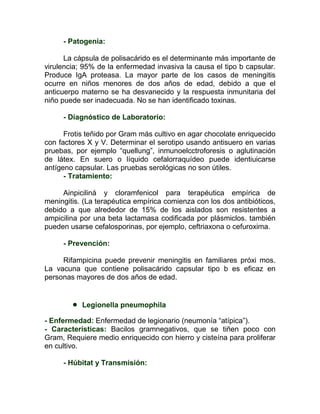 - Patogenia:

      La cápsula de polisacárido es el determinante más importante de
virulencia; 95% de la enfermedad invasiva la causa el tipo b capsular.
Produce IgA proteasa. La mayor parte de los casos de meningitis
ocurre en niños menores de dos años de edad, debido a que el
anticuerpo materno se ha desvanecido y la respuesta inmunitaria del
niño puede ser inadecuada. No se han identificado toxinas.

     - Diagnóstico de Laboratorio:

      Frotis teñido por Gram más cultivo en agar chocolate enriquecido
con factores X y V. Determinar el serotipo usando antisuero en varias
pruebas, por ejemplo “quellung”, inmunoelcctroforesis o aglutinación
de látex. En suero o líquido cefalorraquídeo puede identiuicarse
antígeno capsular. Las pruebas serológicas no son útiles.
      - Tratamiento:

     Ainpiciliná y cloramfenicol para terapéutica empírica de
meningitis. (La terapéutica empírica comienza con los dos antibióticos,
debido a que alrededor de 15% de los aislados son resistentes a
ampicilina por una beta lactamasa codificada por plásmiclos. también
pueden usarse cefalosporinas, por ejemplo, ceftriaxona o cefuroxima.

     - Prevención:

     Rifampicina puede prevenir meningitis en familiares próxi mos.
La vacuna que contiene polisacárido capsular tipo b es eficaz en
personas mayores de dos años de edad.


           Legionella pneumophila

- Enfermedad: Enfermedad de legionario (neumonía “atípica”).
- Características: Bacilos gramnegativos, que se tiñen poco con
Gram, Requiere medio enriquecido con hierro y cisteína para proliferar
en cultivo.

     - Húbitat y Transmisión:
 