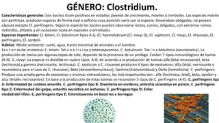 GÉNERO: Clostridium.
Características generales: Son bacilos Gram positivos en estadíos jóvenes de crecimiento, móviles o inmóviles. Las especies móviles
son peritricos. producen esporas de forma oval o esférica cuya posición varía con la especie. Anaerobios obligados, no poseen
cápsula excepto Cl. perfringens. Según la especie los bacilos pueden observarse rectos, curvos, delgados, con extremos romos,
redondos, afilados y en ocasiones hasta en espirales o enrollados.
Especies importantes: Cl. tetani, Cl. botulinum tipos A-G, Cl. haemolyticum (Cl. novyi D), Cl. septicum, Cl. novyi, Cl. chauvoei, Cl.
perfringens, Cl. sordelii.
Hábitat: Medio ambiente: suelo, agua, tracto intestinal de animales y el hombre.
Fa c t o r es de virulencia: C. tetani: Tet a n o l i s i na y tetanospasmina. C. botulinum: Tox i n a botulínica (neurotoxina). La
producción de toxina por algunas cepas de este, depende de la presencia de un profago. Existen 7 tipos inmunológicos de toxina
(A-G) C. novyi: La especie es dividida en cuatro tipos: A-D, de acuerdo a la producción de toxinas alfa (letal necrosante), beta
(lecitinasa) y gamma (necrosante, lecitinasa). C. septicum y C. chauvoei producen 4 tipos de exotoxinas: Alfa (letal, necrosante y
neurotóxica para el caso de C. chauvoei), Beta (desoxiribonucleasa), Gamma (hialuronidasa) y Delta (hemolisina). C. perfringens:
Produce una amplia gama de exotoxinas y enzimas extracelulares, las más importantes son : alfa (lecitinasa, letal), beta, epsilon y
Jota (letales necrosantes). En base a la producción de estas toxinas se reconocen 5 tipos de C. perfringens (A-E). C. perfringens tipo
A: Enfermedad de cordero amarillo. C. perfringens tipo B: Disentería en corderos, enteritis ulcerativa en potros. C. perfringens
tipo C: Enfermedad del golpe, enteritis necrótica en lechones. C. perfringens tipo D: Enfer
medad del riñón. C. perfringens tipo E: Enterotoxemia en becerros y borregos
 