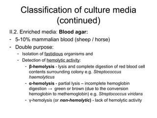 Classification of culture media 
(continued) 
II.2. Enriched media: Blood agar: 
- 5-10% mammalian blood (sheep / horse) 
- Double purpose: 
- Isolation of fastidious organisms and 
- Detection of hemolytic activity: 
- β-hemolysis - lysis and complete digestion of red blood cell 
contents surrounding colony e.g. Streptococcus 
haemolyticus 
- α-hemolysis - partial lysis – incomplete hemoglobin 
digestion → green or brown (due to the conversion 
hemoglobin to methemoglobin) e.g. Streptococcus viridans 
- γ-hemolysis (or non-hemolytic) - lack of hemolytic activity 
 