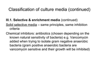 Classification of culture media (continued) 
III.1. Selective & enrichment media (continued) 
Solid selective media – same principles, same inhibition 
criteria 
Chemical inhibitors: antibiotics (chosen depending on the 
known natural sensitivity of bacteria) e.g. Vancomycin 
added when trying to isolate gram negative anaerobic 
bacteria (gram positive anaerobic bacteria are 
vancomycin sensitive and their growth will be inhibited) 
 