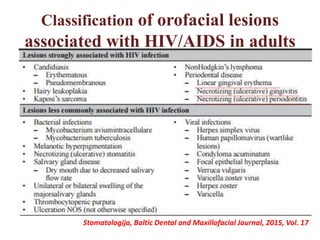 Classification of orofacial lesions
associated with HIV/AIDS in adults
Stomatologija, Baltic Dental and Maxillofacial Journal, 2015, Vol. 17
 