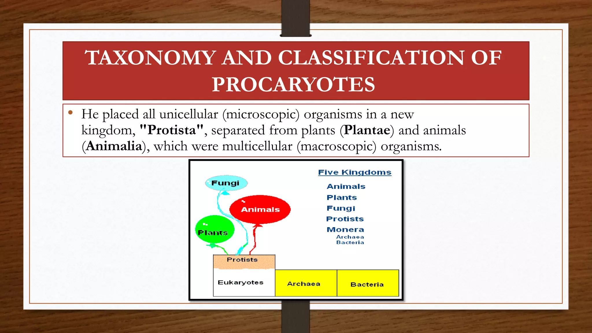 TAXONOMY AND CLASSIFICATION OF
PROCARYOTES
• He placed all unicellular (microscopic) organisms in a new
kingdom, "Protista", separated from plants (Plantae) and animals
(Animalia), which were multicellular (macroscopic) organisms.
 
