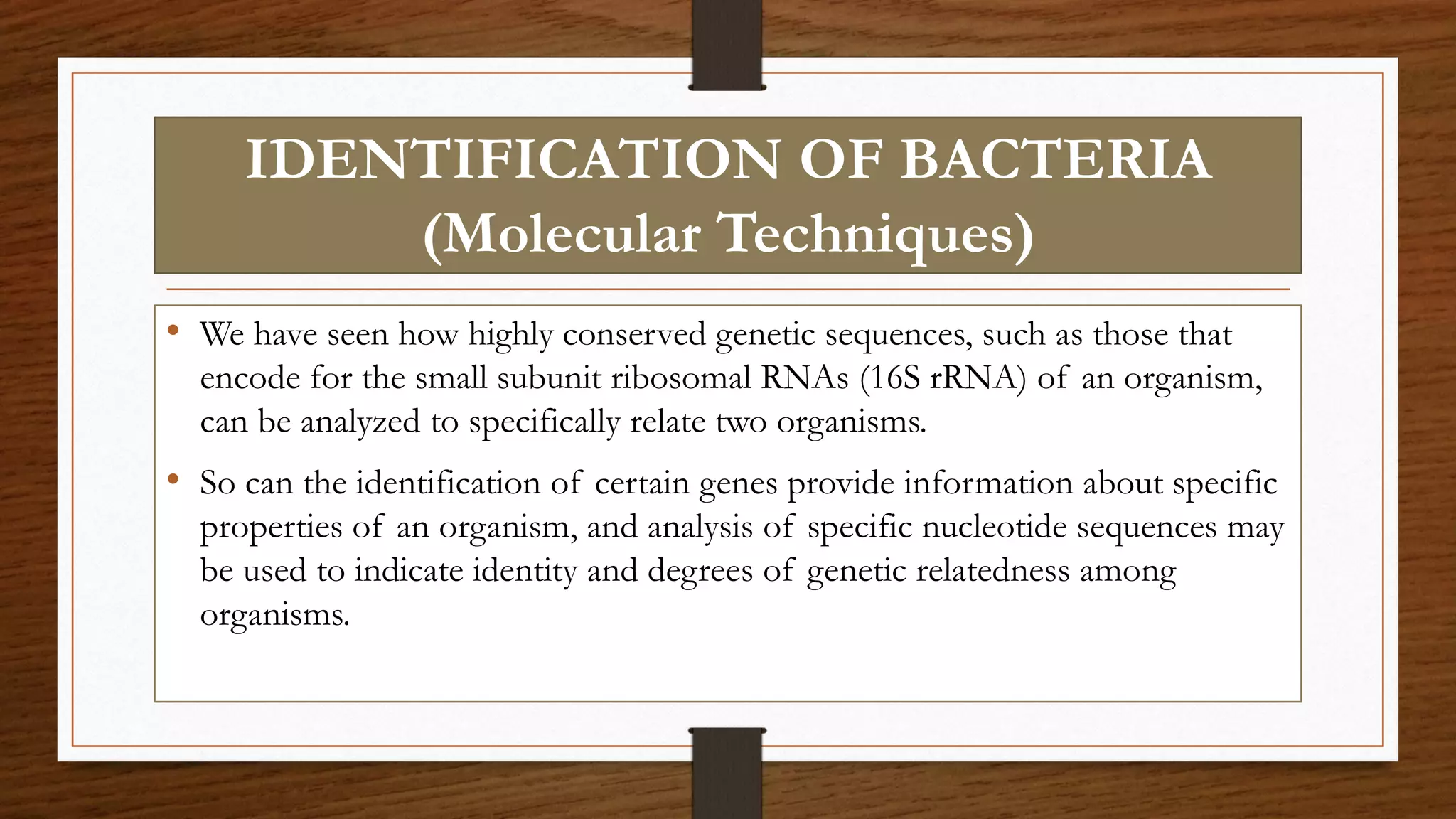 IDENTIFICATION OF BACTERIA
(Molecular Techniques)
• We have seen how highly conserved genetic sequences, such as those that
encode for the small subunit ribosomal RNAs (16S rRNA) of an organism,
can be analyzed to specifically relate two organisms.
• So can the identification of certain genes provide information about specific
properties of an organism, and analysis of specific nucleotide sequences may
be used to indicate identity and degrees of genetic relatedness among
organisms.
 