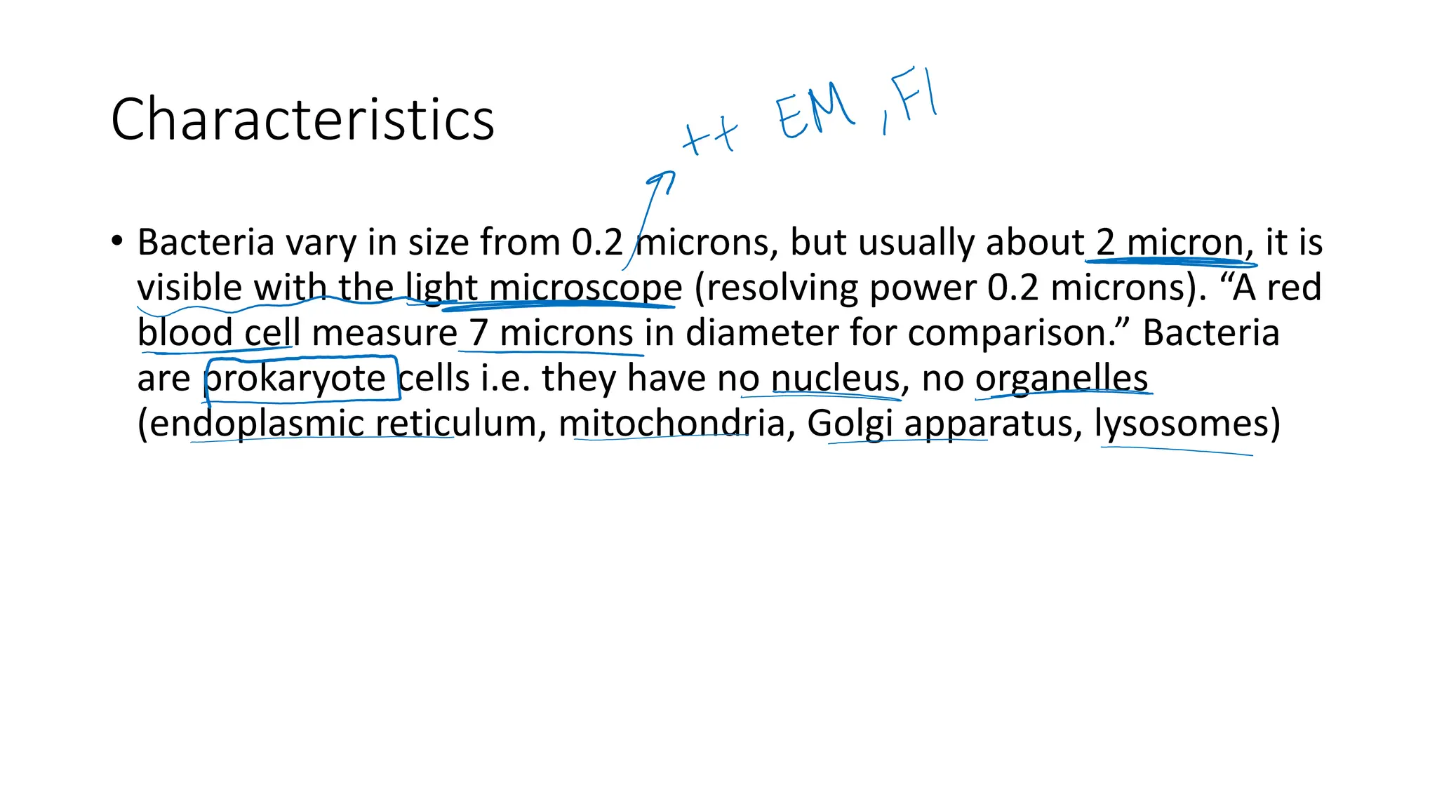 Characteristics
• Bacteria vary in size from 0.2 microns, but usually about 2 micron, it is
visible with the light microscope (resolving power 0.2 microns). “A red
blood cell measure 7 microns in diameter for comparison.” Bacteria
are prokaryote cells i.e. they have no nucleus, no organelles
(endoplasmic reticulum, mitochondria, Golgi apparatus, lysosomes)
 