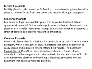 Fertility F-plasmids
Fertility plasmids, also known as F-plasmids, contain transfer genes that allow
genes to be transferred from one bacteria to another through conjugation.
Resistance Plasmids
Resistance or R plasmids contain genes that help a bacterial cell defend
against environmental factors such as poisons or antibiotics. Some resistance
plasmids can transfer themselves through conjugation. When this happens, a
strain of bacteria can become resistant to antibiotics.
Virulence Plasmids
When a virulence plasmid is inside a bacterium, it turns that bacterium into a
pathogen, which is an agent of disease. Bacteria that cause disease can be
easily spread and replicated among affected individuals. The bacterium
Escherichia coli (E. coli) has several virulence plasmids. E. coli is found
naturally in the human gut and in other animals, but certain strains of E. coli
can cause severe diarrhea and vomiting. Salmonella enterica is another
bacterium that contains virulence plasmids.
 