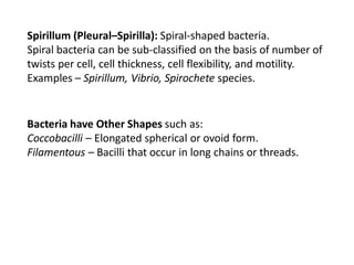Spirillum (Pleural–Spirilla): Spiral-shaped bacteria.
Spiral bacteria can be sub-classified on the basis of number of
twists per cell, cell thickness, cell flexibility, and motility.
Examples – Spirillum, Vibrio, Spirochete species.
Bacteria have Other Shapes such as:
Coccobacilli – Elongated spherical or ovoid form.
Filamentous – Bacilli that occur in long chains or threads.
 