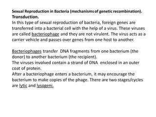 Sexual Reproduction in Bacteria (mechanismsof genetic recombination).
Transduction.
In this type of sexual reproduction of bacteria, foreign genes are
transferred into a bacterial cell with the help of a virus. These viruses
are called bacteriophage and they are not virulent. The virus acts as a
carrier vehicle and passes over genes from one host to another.
Bacteriophages transfer DNA fragments from one bacterium (the
donor) to another bacterium (the recipient).
The viruses involved contain a strand of DNA enclosed in an outer
coat of protein.
After a bacteriophage enters a bacterium, it may encourage the
bacterium to make copies of the phage. There are two stages/cycles
are lytic and lysogeni.
 