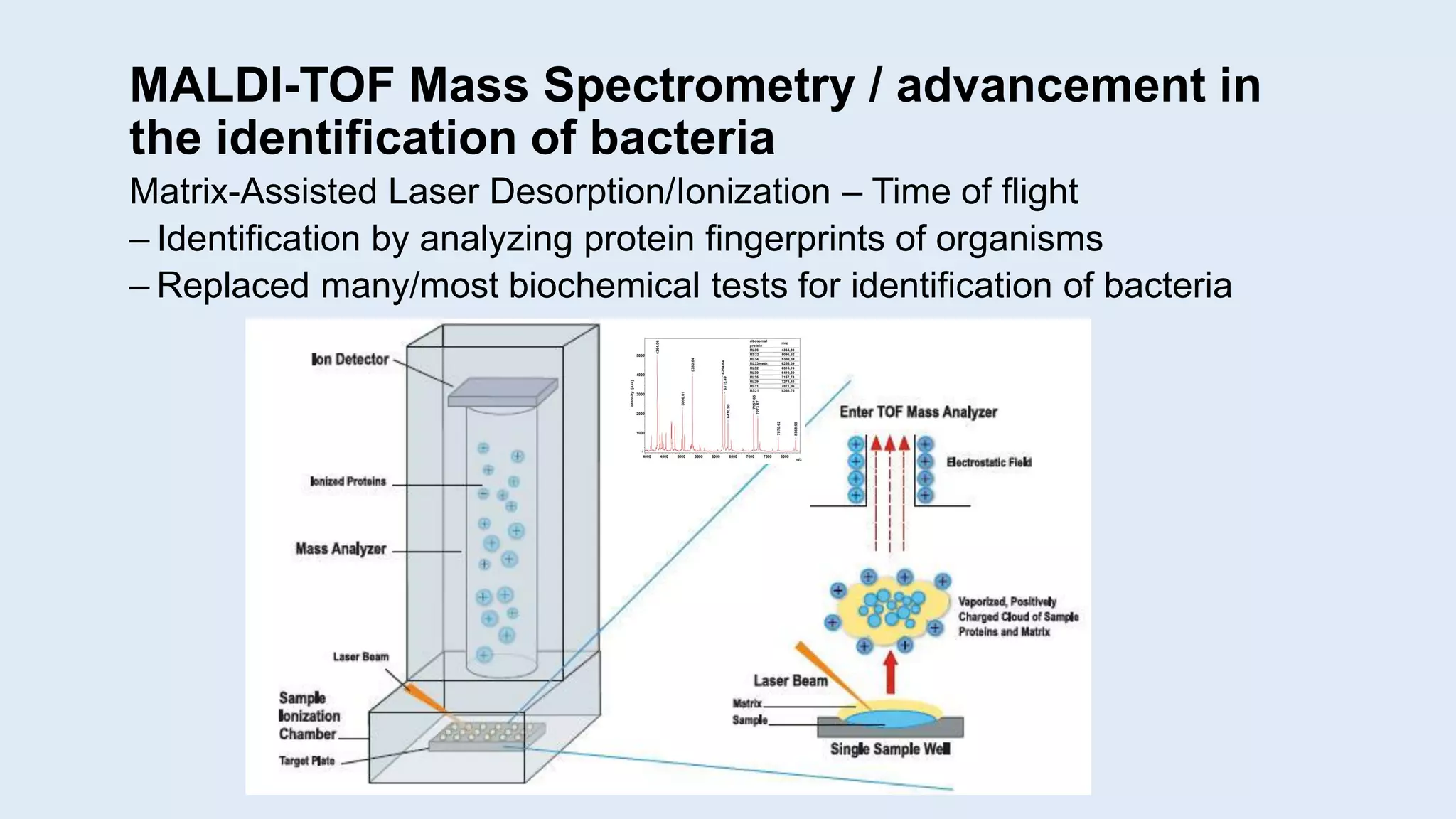 MALDI-TOF Mass Spectrometry / advancement in
the identification of bacteria
Matrix-Assisted Laser Desorption/Ionization – Time of flight
– Identification by analyzing protein fingerprints of organisms
– Replaced many/most biochemical tests for identification of bacteria
 