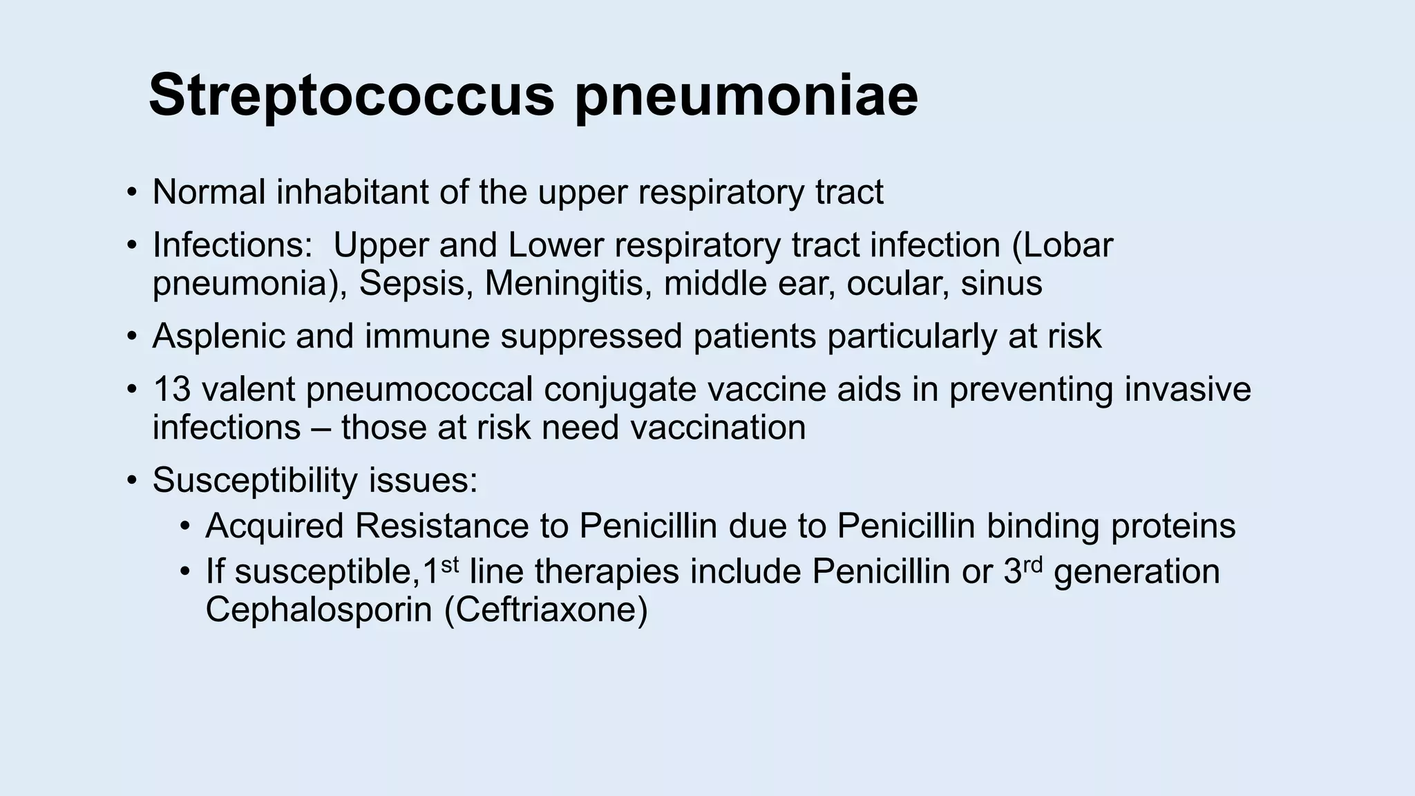 Streptococcus pneumoniae
• Normal inhabitant of the upper respiratory tract
• Infections: Upper and Lower respiratory tract infection (Lobar
pneumonia), Sepsis, Meningitis, middle ear, ocular, sinus
• Asplenic and immune suppressed patients particularly at risk
• 13 valent pneumococcal conjugate vaccine aids in preventing invasive
infections – those at risk need vaccination
• Susceptibility issues:
• Acquired Resistance to Penicillin due to Penicillin binding proteins
• If susceptible,1st line therapies include Penicillin or 3rd generation
Cephalosporin (Ceftriaxone)
 