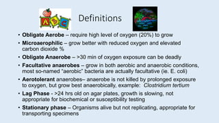 Definitions
• Obligate Aerobe – require high level of oxygen (20%) to grow
• Microaerophilic – grow better with reduced ox...