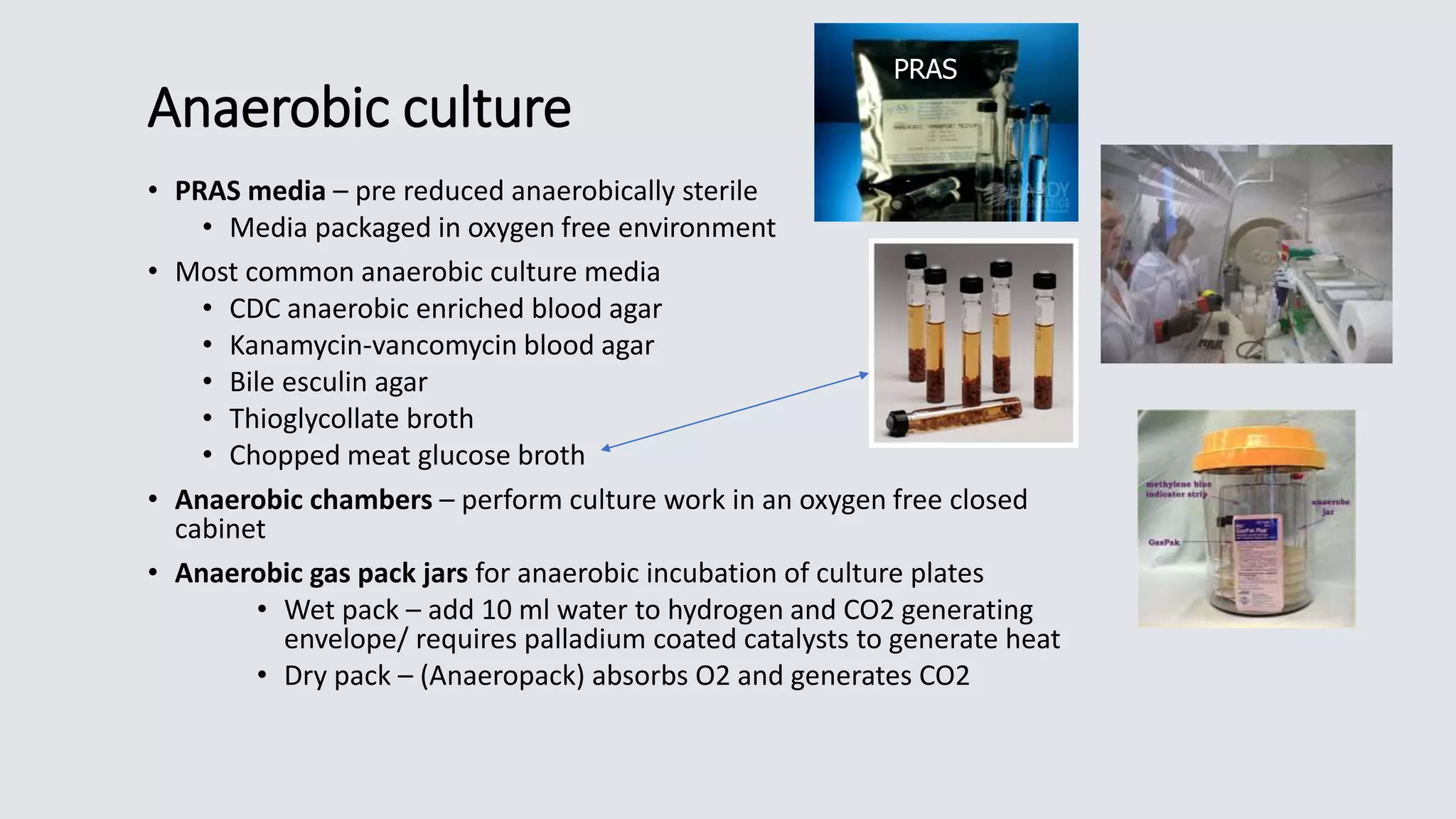 Anaerobic culture
• PRAS media – pre reduced anaerobically sterile
• Media packaged in oxygen free environment
• Most common anaerobic culture media
• CDC anaerobic enriched blood agar
• Kanamycin-vancomycin blood agar
• Bile esculin agar
• Thioglycollate broth
• Chopped meat glucose broth
• Anaerobic chambers – perform culture work in an oxygen free closed
cabinet
• Anaerobic gas pack jars for anaerobic incubation of culture plates
• Wet pack – add 10 ml water to hydrogen and CO2 generating
envelope/ requires palladium coated catalysts to generate heat
• Dry pack – (Anaeropack) absorbs O2 and generates CO2
PRAS
 
