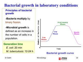 Principles of bacterial growth -Bacteria multiply  by  binary fission . -Microbial growth  is defined as an increase in the number of cells in a population. Bacterial growth curve Bacterial growth in laboratory conditions Generation time E. coli : 20 min M. tuberculosis : 12-24 h 