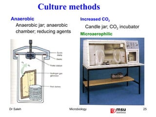 Increased CO 2   Candle jar; CO 2  incubator Microaerophilic Culture methods Anaerobic Anaerobic jar; anaerobic chamber; reducing agents 