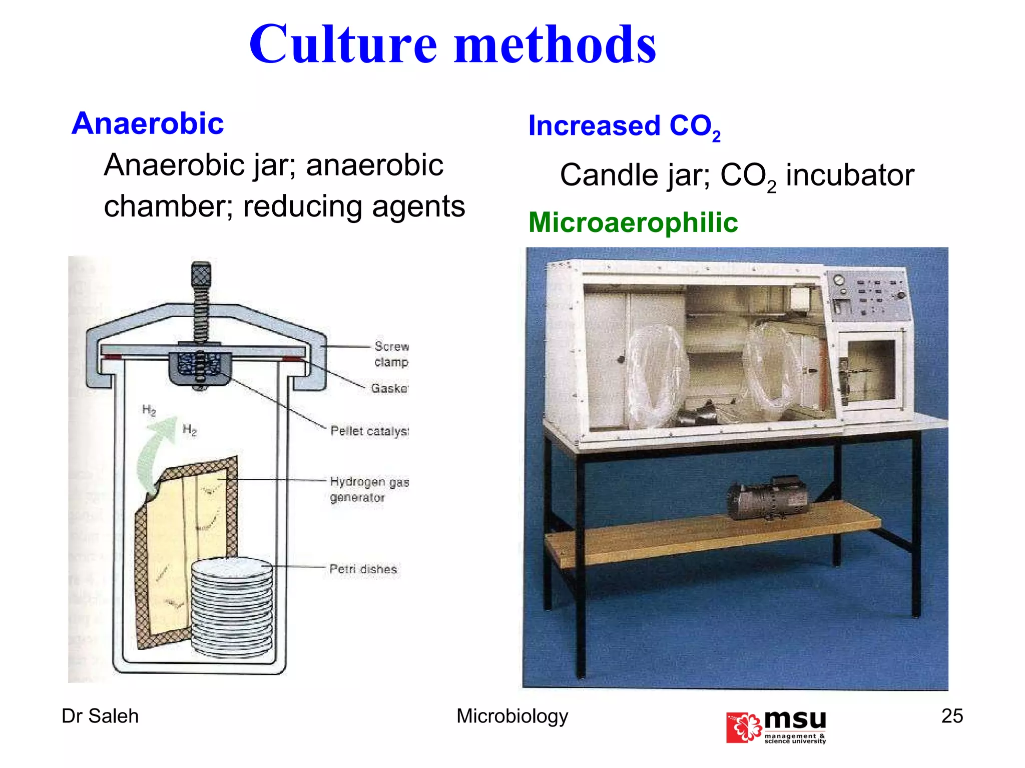 Increased CO 2   Candle jar; CO 2  incubator Microaerophilic Culture methods Anaerobic Anaerobic jar; anaerobic chamber; reducing agents 
