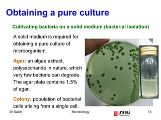 Obtaining a pure culture A solid medium is required for obtaining a pure culture of microorganism. Agar:   an algae extract, polysaccharide in nature, which very few bacteria can degrade. The agar plate contains 1.5% of agar. Colony:   population of bacterial cells arising from a single cell. Cultivating bacteria on a solid medium (bacterial isolation) 