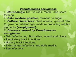 Pseudomonas aeruginosa
Morphology: Gm -ve rods, motile, non-spore
forming.
B.R.: oxidase positive, ferment no sugar.
Culture characters: Strict aerobic, grow at 37o
C, grow on nutrient agar medium producing soluble
pigments (exopigment).
Diseases caused by Pseudomonas
aeruginosa:
- Skin infection eg. Burn sites, wound and ulcers.
- Respiratory tract infections.
- Urinary tract infections.
- External ear infections and otitis media.
- Eye infections.
 
