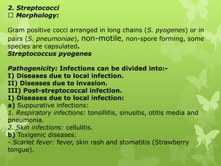 2. Streptococci
Morphology:
Gram positive cocci arranged in long chains (S. pyogenes) or in
pairs (S. pneumoniae), non-motile, non-spore forming, some
species are capsulated.
Streptococcus pyogenes
Pathogenicity: Infections can be divided into:-
I) Diseases due to local infection.
II) Diseases due to invasion.
III) Post-streptococcal infection.
I) Diseases due to local infection:
a) Suppurative infections:
1. Respiratory infections: tonsillitis, sinusitis, otitis media and
pneumonia.
2. Skin infections: cellulitis.
b) Toxigenic diseases:
- Scarlet fever: fever, skin rash and stomatitis (Strawberry
tongue).
 