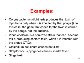 Examples:
• Corynebacterium diphtheria produces the toxin of
diphtheria only when it is infected by the phage β. In
this case, the gene that codes for the toxin is carried
by the phage, not the bacteria.
• Vibrio cholerae is a non-toxic strain that can become
toxic, producing cholera toxin, when it is infected with
the phage CTXφ.
• Clostridium botulinum causes botulism.
• Streptococcus pyogenes causes scarlet fever.
• Shiga toxin
. 33
 