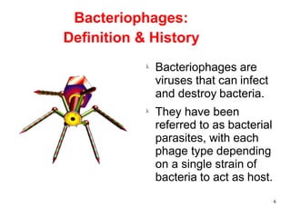 Bacteriophages:
Definition & History

6

Bacteriophages are
viruses that can infect
and destroy bacteria.
They have been
referred to as bacterial
parasites, with each
phage type depending
on a single strain of
bacteria to act as host.
 