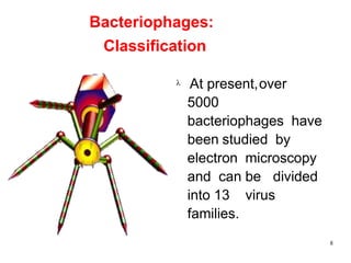 Bacteriophages:
Classification
 At present,over
5000
bacteriophages have
been studied by
electron microscopy
and can be divided
into 13 virus
families.
8
 